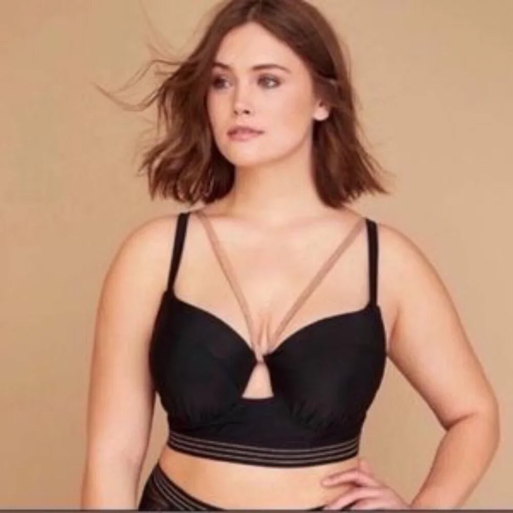 Cacique Lane Bryant Black Strappy Rose Gold Metallic Underwire Swim Top 46D EUC